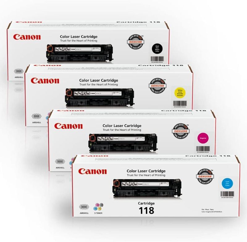 Photo 1 of Canon Genuine Toner Bundle 118 2660B021 4 Pack 1 Each: Cyan Magenta Yellow Black for Canon Color imageCLASS MF8350Cdn MF8380Cdw MF8580Cdw MF729Cdw MF726Cdw LBP7200Cdn LBP7660Cdn Laser Printers