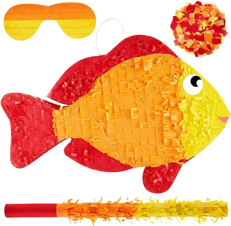 Photo 1 of 16.5 Inch Fish Pinata and Pinata Stick with Blindfold Confetti Set Kids Pinata Fish Party Decorations Gender Reveal Pinata for Kids Baby Shower Christmas Birthday Ocean Themed Party Decorations 
