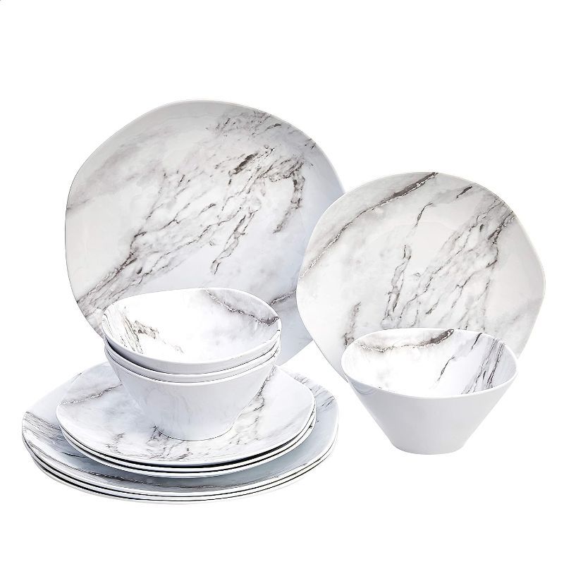 Photo 1 of Amazon Basics Melamine Dinnerware Set, Service for 4, White Marble - Set of 12 (2 PACKS)
