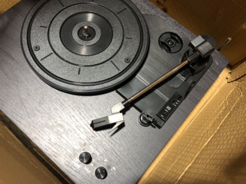 Photo 1 of LP&No.1 Bluetooth Vinyl Record Player with External Speakers, 3-Speed Belt-Drive Turntable for Vinyl Albums with Auto Off and Bluetooth Input Grey Wood