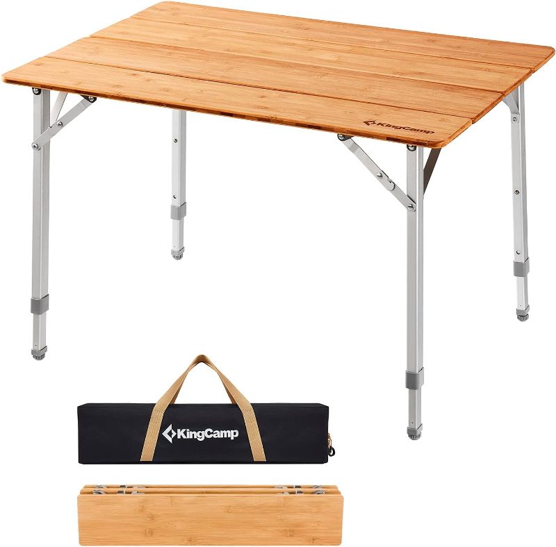 Photo 1 of  KingCamp 4 Folds Bamboo Camping Table Folding Table Adjustable Height Aluminium Frame 2-6 People 