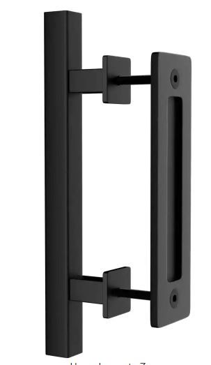 Photo 1 of 12 in. L Black Powder Coated Finish Pull and Flush Barn Door Handle Set, Large Rustic Two-Side Design
