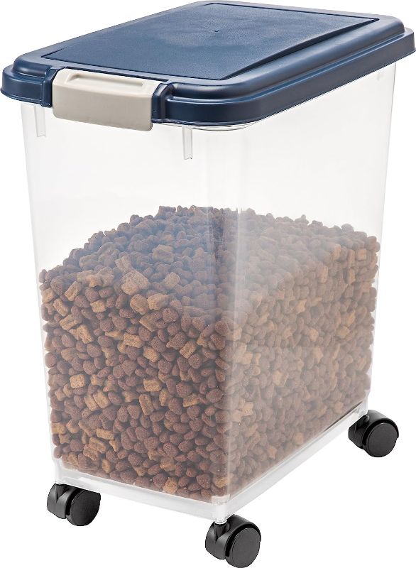 Photo 1 of  IRIS USA 25 Lbs / 33 Qt WeatherPro Airtight Pet Food Storage Container with Attachable Casters, For Dog Cat Bird and Other Pet Food Storage Bin, Keep Fresh, Translucent Body, Easy Mobility, Navy 