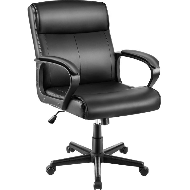 Photo 1 of Office Chair Mid Back Desk Chair Adjustable High Ergonomic Computer Chair Soft Armrests PU Leather Chair with Lumbar Support Study Chair Ink Black Modern