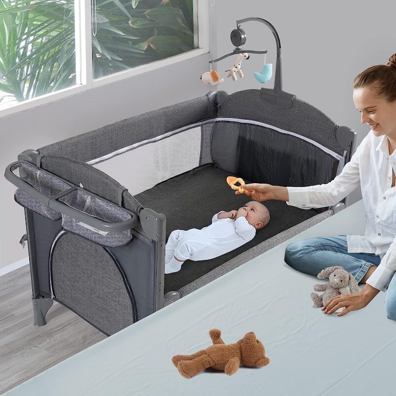 Photo 1 of 5 in 1 Baby Crib,Bedside Sleeper,Baby Bassinet, Bedside Cribs with Mattress, Foldable Baby Playard, Portable Travel Crib for Girl Boy Infant Newborn (Grey)