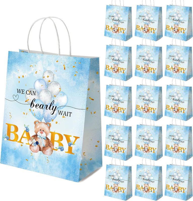 Photo 1 of Teddy Bear Baby Shower Party Supplies - 16 Pack Blue Bear Party Bags With Handles for Party Favors Gift Bags ,We Can Bearly Wait Baby Shower ,Kids Birthday Favor Supplies
