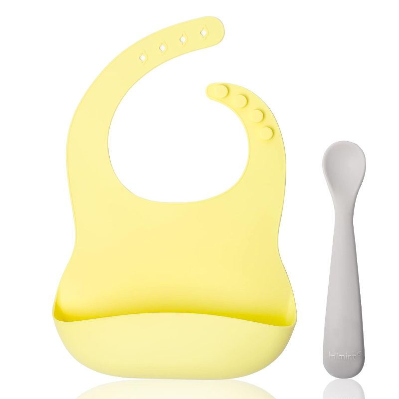 Photo 1 of 2 pack Himirt silicone baby bib and silicone baby spoon set, soft adjustable waterproof bib for babies and toddlers, with pockets to catch food. (1 yellow bib, 1 spoon)
