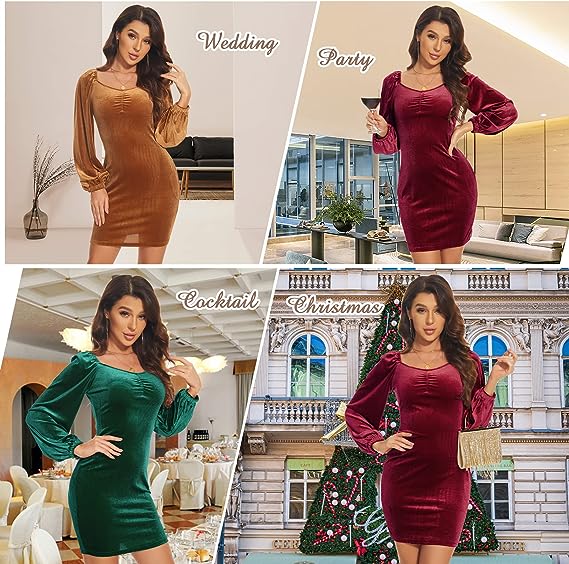 Photo 1 of [Size S] Velvet Dress for Women Wrap Bodycon Ruched Cocktail Midi Club V Neck Long Sleeve Going Out Date Night Dresses- Purple