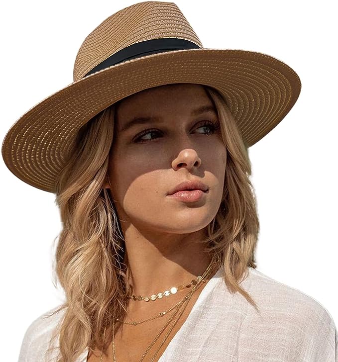 Photo 1 of accsa Panama Straw Hat for Women Wide Brim Summer Straw Hat Classic Sun Hat for Beach Ladies Foldable Fedora Hat UPF 50+
