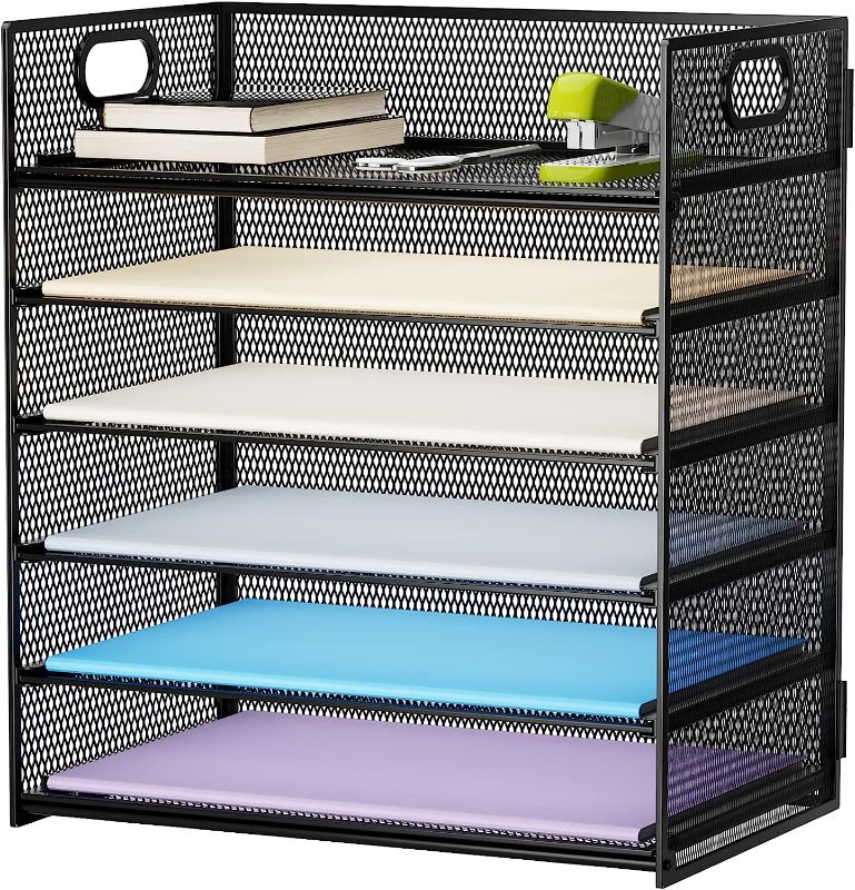 Photo 1 of Marbrasse 6 Tier Paper Organizer Letter Tray - Mesh Desk File Organizer with Handle, Paper Sorter Organizer for Letter/A4 Office File Folder Holder - Black
