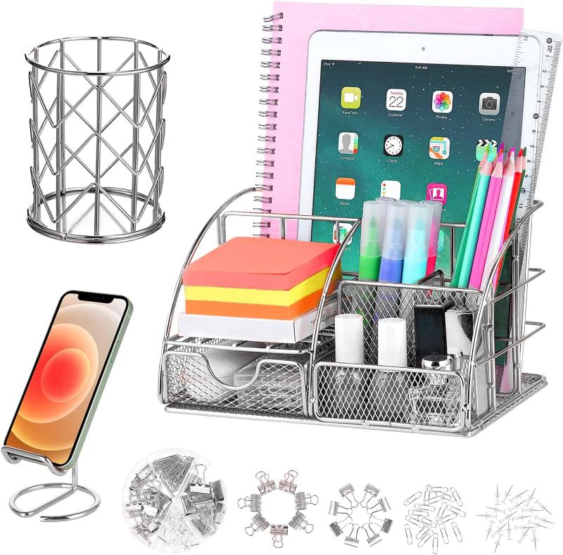 Photo 1 of JUOPIEA Desk Organizers and Accessories Office Supplies Organizer with Pen Holder, 72 Clips Set and Phone Stand, Metal Mesh Desktop Organizers with Drawer for Home, Office, School Ect (Silver)
