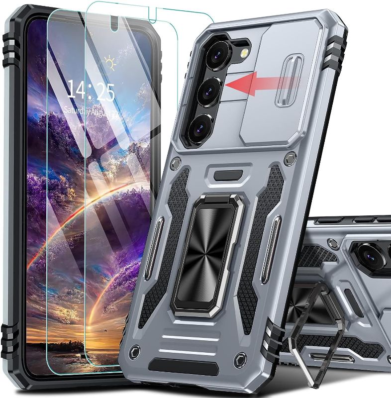 Photo 1 of GOLDJU for Samsung Galaxy S23 Case, [4 in 1] Galaxy S23 Case with [2P Tempered Glass Screen Protector] & [Metal Ring Kickstand] Rugged Full-Body Protection Case for Samsung S23 6.1'' (Gray)
