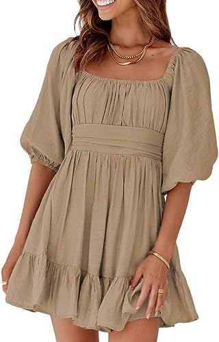 Photo 1 of [Size XL] Dokotoo Womens Summer Dresses Square Neck Lantern Sleeve Tie Backless Ruffle A-Line Casual Dress
