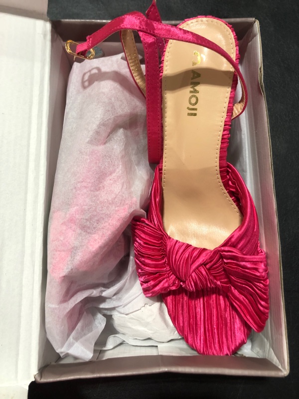 Photo 2 of [Size 8] Amoji Women's Satin Block Heeled 3 Inch-4 Inch Sandal Bowknot Pleated Ankle Strap for Wedding Party Dressing Dress Shoes - Satin Fushia