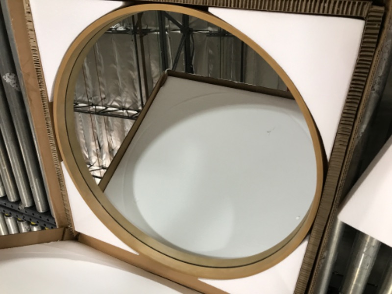 Photo 2 of 28 in. Round Wall Mirror with Wooden Frame
