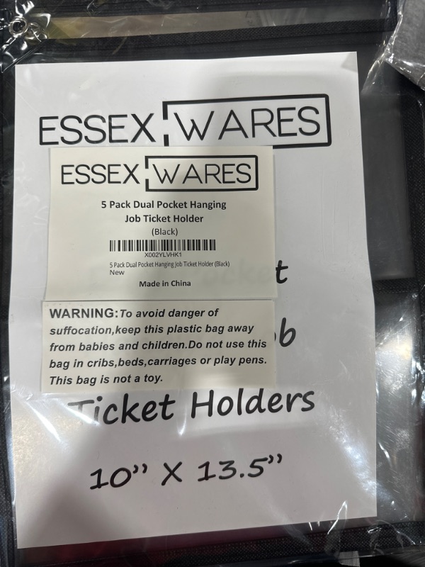 Photo 2 of 5 Pack Dual Hanging Job/Shop Ticket Holder (Black) - by Essex Wares - Use in Your Business or in a Classroom. Fits Standard 8.5 X 11 Sheets of Paper Plus Front Pocket to Store Small Items.