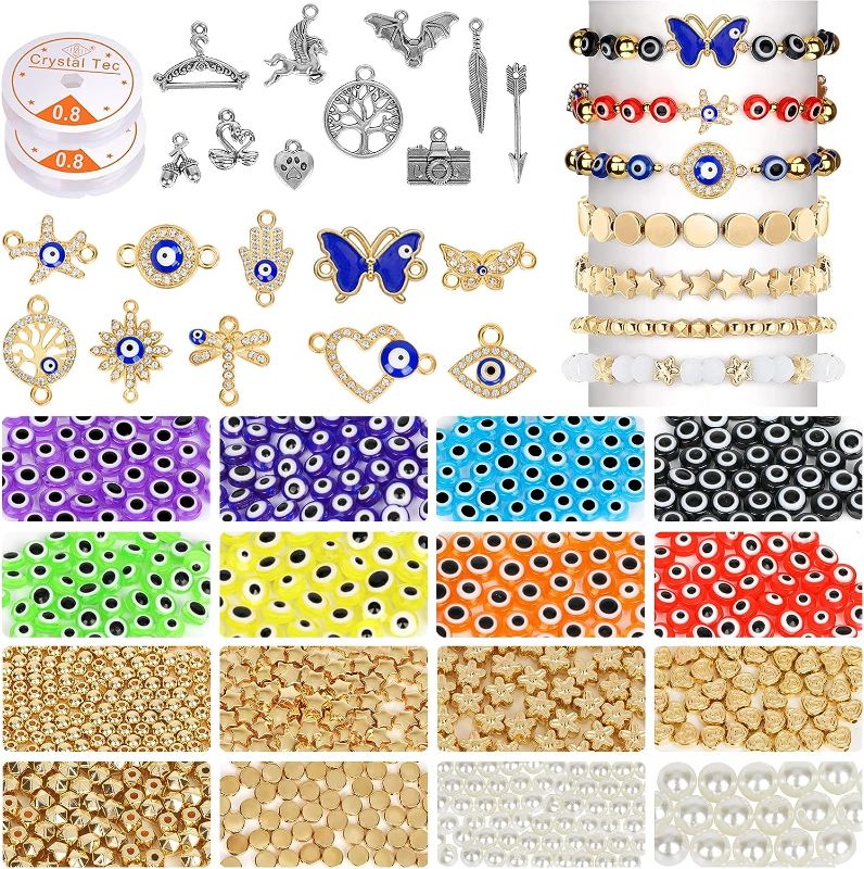 Photo 1 of  Evil Eye Beads for Jewelry Making, 8mm Flat Round Evil Eye Charms Colorful Evil Eye Bracelet Making Kit Easter Beads Decors for Crafts DIY Bracelet