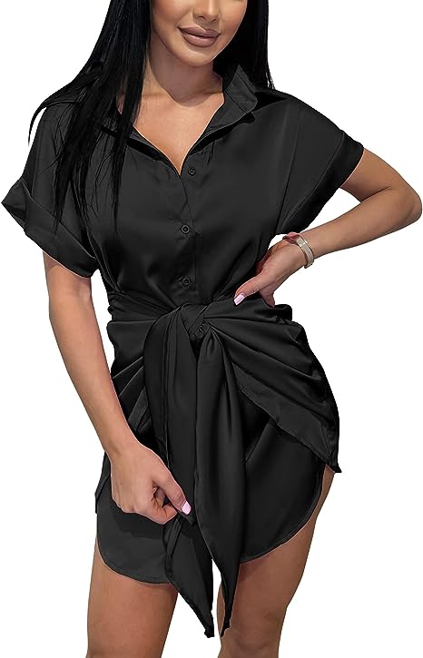 Photo 1 of BTFBM Women Button Down Shirts Dresses Satin Short Sleeve V Neck Elastic Waist Self Tie Knot Club Party 2023 Summer Dress XL