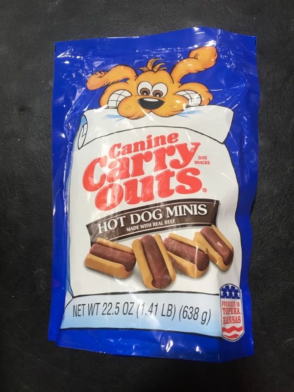 Photo 1 of 4 PACK Canine Carry Outs Beef Flavor Hot Dog Minis Dog Treats, 22.5-oz bag  EXP 10 - 6 - 2023 