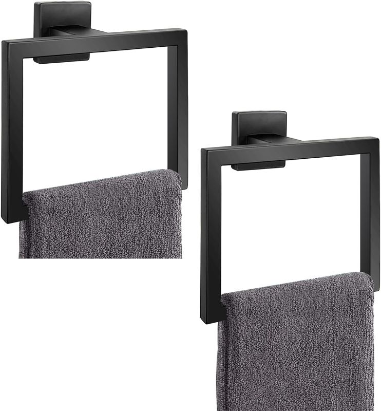 Photo 1 of 2-Piece Matte Black Square Towel Ring,Modern Hand Towel Holder for Bathroom,SUS304 Stainless Steel Towel Hangers Wall-Mounted