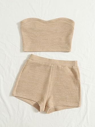 Photo 1 of  Women's 2 Piece Outfit Ribbed Crop Bandeau Tube Top and Biker Track Shorts Sets size large