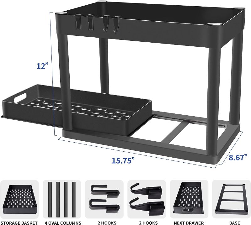 Photo 1 of 
Under Sink Organizer Kitchen Bathroom Storage Cabinet 2 tier Sliding Drawer Counter Organization Shelf Storage Drawers Rack with Pull Out Basket and Hooks Black