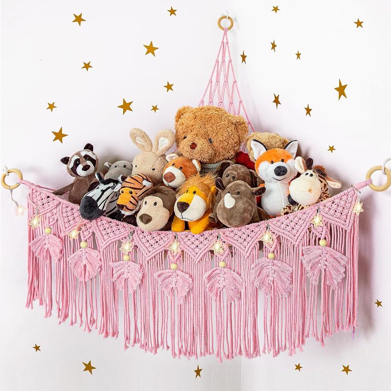 Photo 1 of 
Macrame Stuffed Animal Storage with Star Light, Teddy Bear Pink Hammock for Girls Room Decor, Large Corner Hanging Mesh Organizer Idea for Nursery, Plushies.