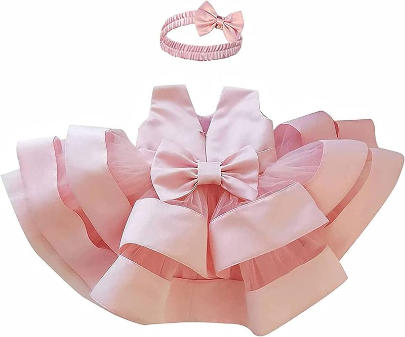 Photo 1 of Baby Girl Ruffle Lace Tulle Dresses Toddler Bowknot Flower Girl Wedding Party Dress Tutu Gown with Headwear