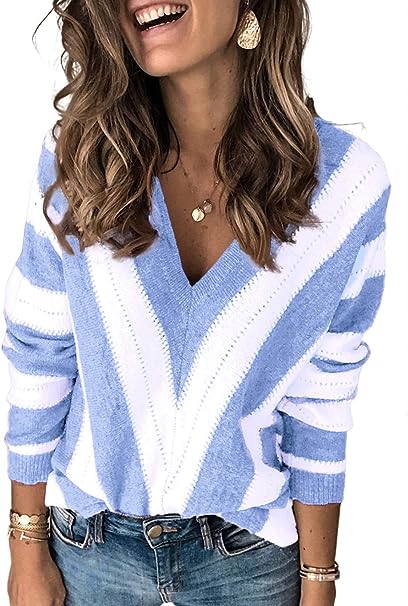 Photo 1 of Asvivid Women's 2023 Spring Long Sleeve V Neck Color Block Striped Pullover Sweater Tops XL 