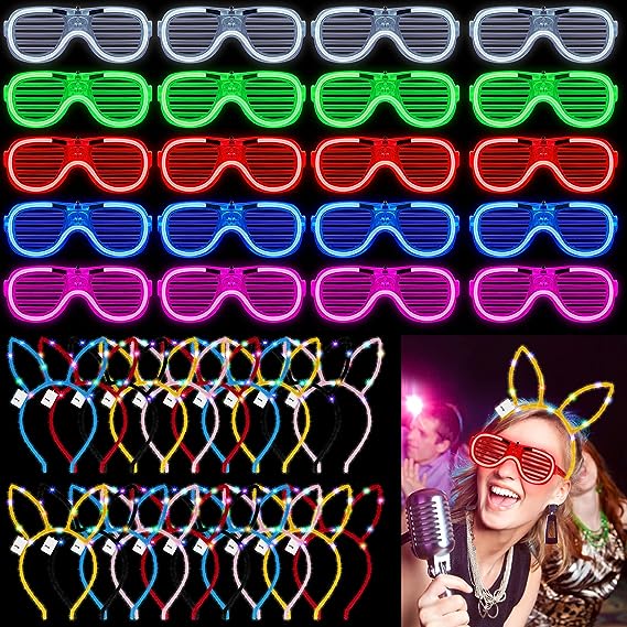 Photo 1 of 20 Pack LED Light Up Glasses and 20 Pack Light Up Bunny Ears Headband Glow in the Dark Mardi Gras Party Supplies Glow in the Dark Neon Glasses LED Bunny Ears for Birthday Carnival Wedding Concert