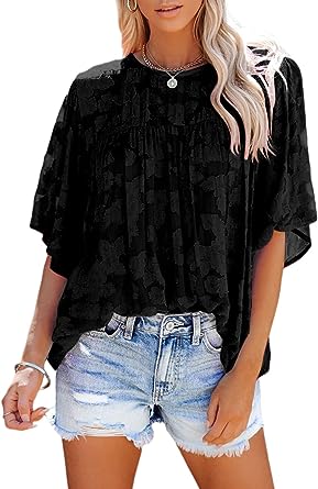 Photo 1 of 2XL Asvivid Womens Crewneck Ruffle 3/4 Bell Sleeve Blouse Babydoll Tops Lace Shirts Casual Loose Summer Tops