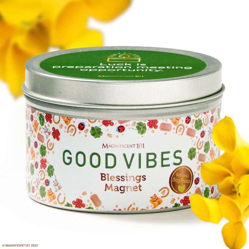 Photo 1 of 
MAGNIFICENT 101 Good Vibes Aromatherapy Candle as Blessings Magnet - Sage, Bergamot, Sandalwood Scented Natural Soybean Wax Tin Candle for Purification and.