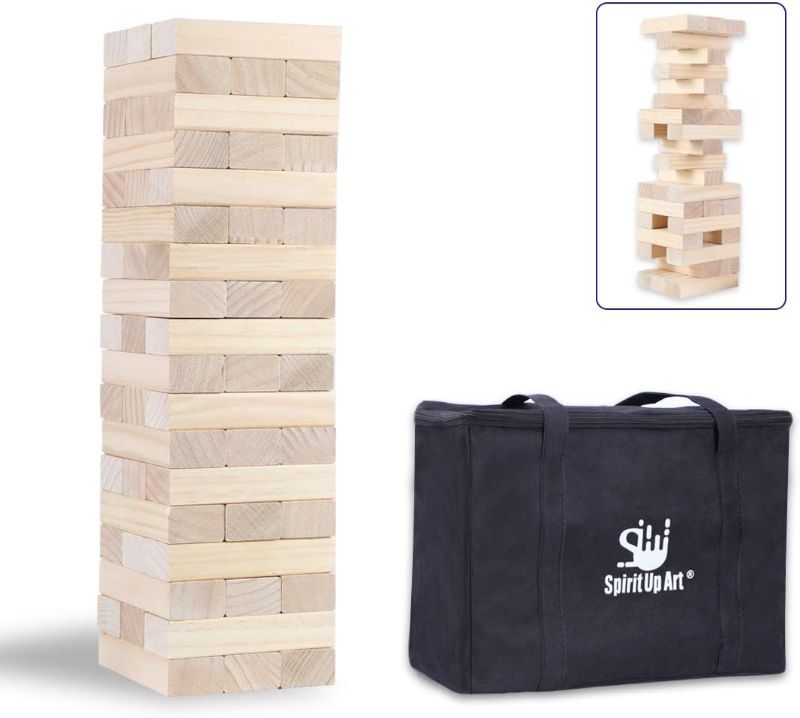 Photo 1 of 54 Piece Wood Block Stack Tumble Tower Toppling Blocks Game-Great for Game Nights for Kids Adults Family -Storage Bag Included