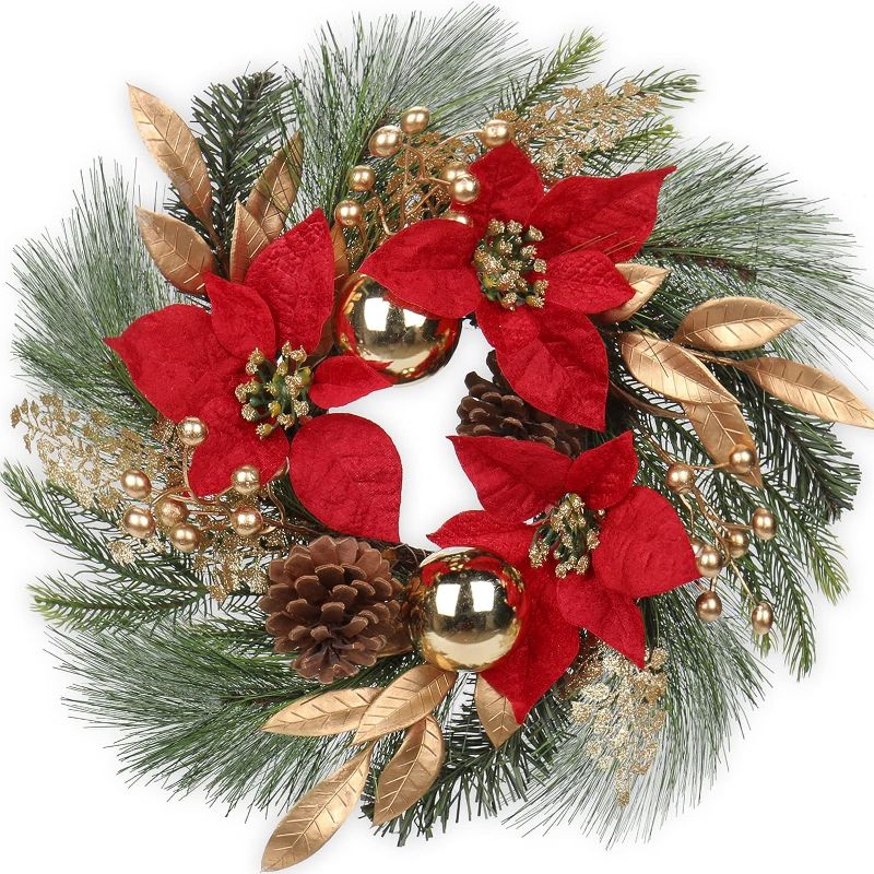 Photo 1 of 
Poinsettia Wreath 16-18" Door Wreath Ornament with Artificial Poinsettia Pinecone Golden Berries Christmas Reef for Indoor Outdoor Wreaths for Table