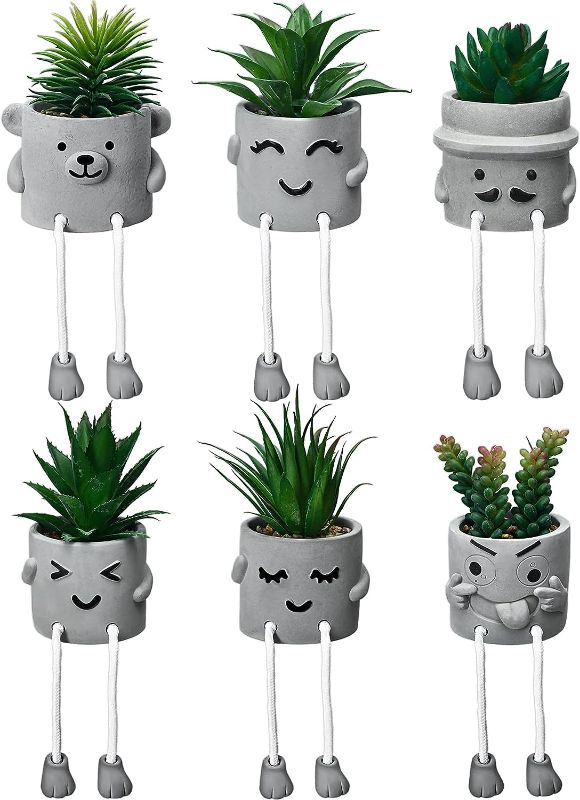 Photo 1 of 
Set of 6 Artificial Succulents Plants in Emotional Cement Pots with Hanging Leg Creative Cute Fake Plants Mini Artificial Plant Small Fake Succulent Potted.