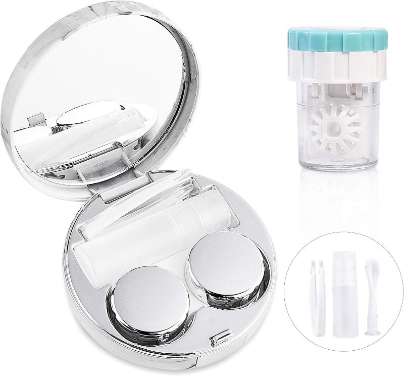 Photo 1 of Contact Lens Travel Kit with Cleaner Washer, Portable Contact Box with Mirror Tweezers Remover Tool Solution Bottle for Daily Outdoor (Silver) 