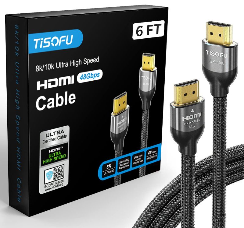 Photo 1 of TISOFU Ultra Certified 8K HDMI Cable 6FT: HDMI 2.1 Cables 48Gbps High Speed Premium Braided Cord 8K@60Hz 4K@120Hz 4K@144Hz HDCP 2.2&2.3 CL3 ARC eARC for HD/HDR/HDTV
