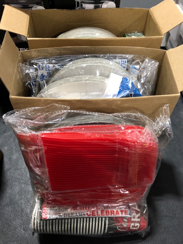 Photo 1 of 3 Boxes of Full Set Graduation Plates, Cup, Plastic Utensils and Napkins- Red, Blue and Green