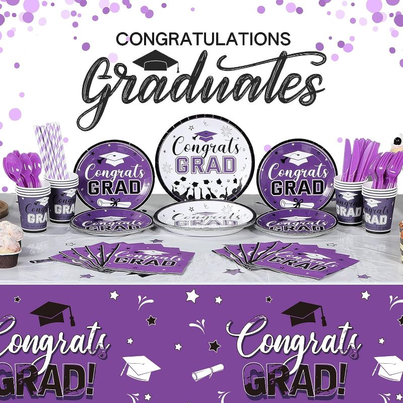 Photo 1 of 193 Pcs Graduation Party Supplies Set Grad Decoration Congrats Class of 2023 Graduation Tablecloth and Cups Plates Napkins Silverware for Event Celebration Party Supply, Serves 24 (Purple and White) 