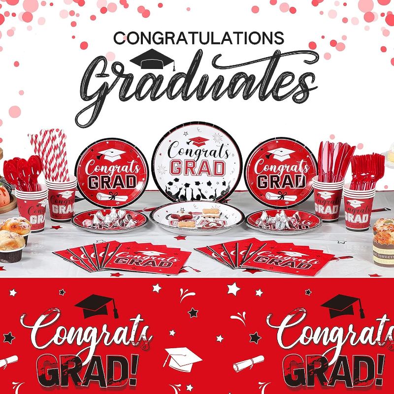 Photo 1 of 193 Pcs Graduation Party Supplies Set Grad Decoration Congrats Class of 2023 Graduation Tablecloth and Cups Plates Napkins Silverware for Event Celebration Party Supply, Serves 24 (Red and White)
