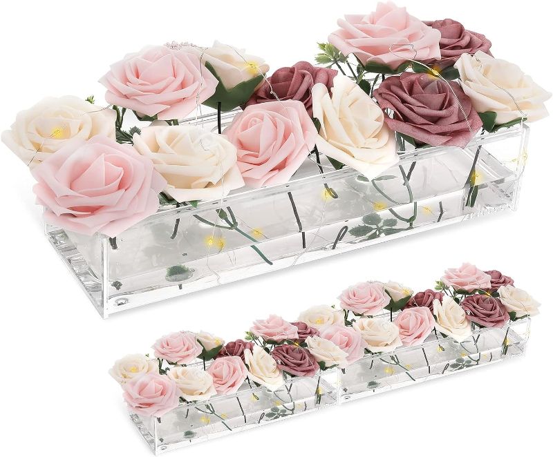 Photo 1 of 2 PCS Acrylic Flower Vase Rectangular, Floral Centerpieces for Dining Tables Total 24 Inch Long Rectangle Acrylic Vase for Centerpieces Clear Vases for Home Kitchen Wedding Dining Table Decor 