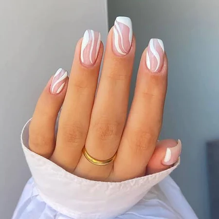 Photo 1 of 24pcs Short Press on Nails Pink Fake Nails Nude Pink White Wavy Line Graffiti False Nails Design Coffin Glue on Nails Stick on Nails Art for Women Girls