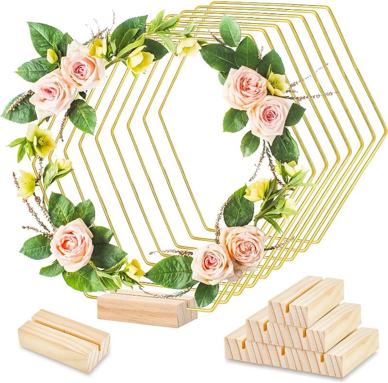 Photo 1 of 15 Pack 9.1 Inch Large Hexagonal Floral Hoop Centerpiece with Stand, Metal Floral Hoop Centerpiece with 15 Wood Place Card Holders for Christmas Decorations Wedding Table Crafts (Gold) 