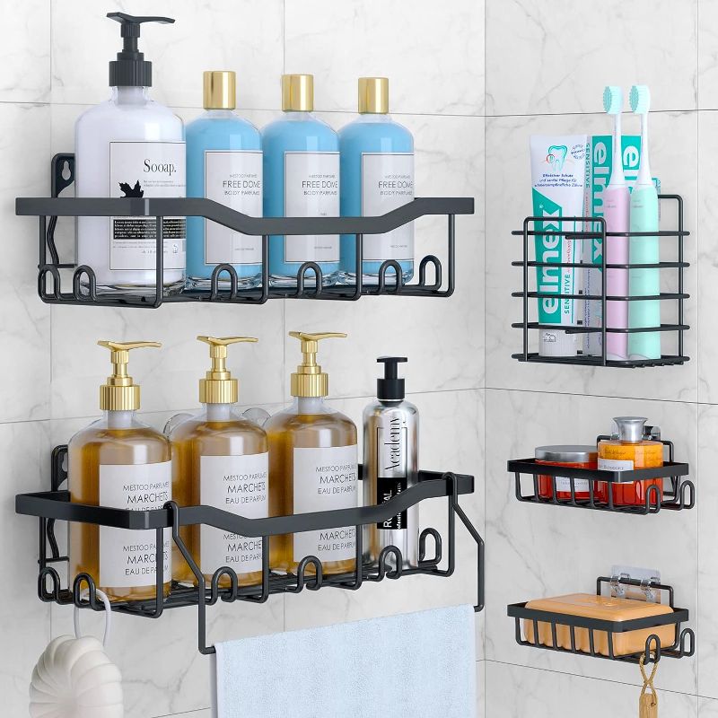 Photo 1 of Linksandt Shower Caddy, 6 Pack Shower Shelves, Adhesive & Drilling 2 in 1 Bathroom Organizer, Large Capacity, Rustproof Stainless Steel Bathroom Shower Organizer, Shower Shelf for Inside Shower, Black