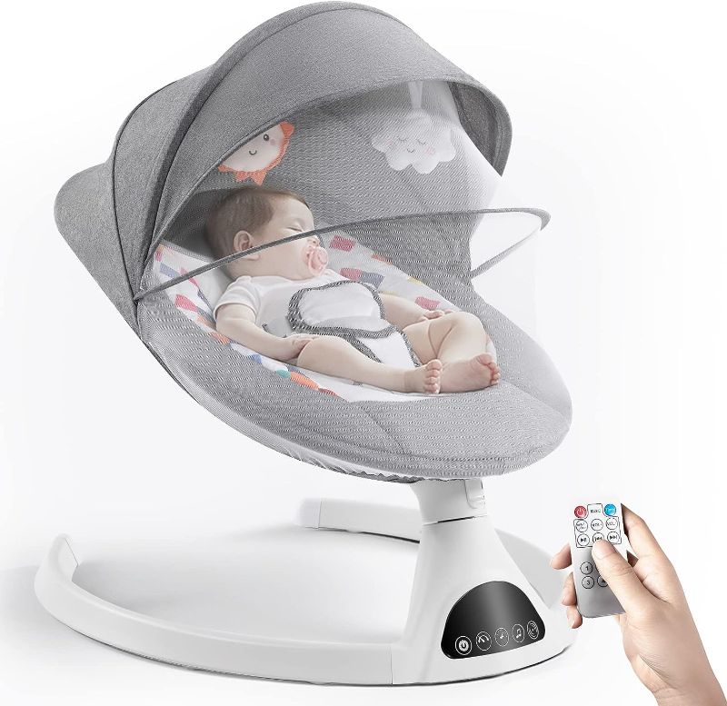 Photo 1 of Baby Swing for Infants, Electric Portable Baby Swing for Newborn, Bluetooth Touch Screen/Remote Control Timing Function 5 Swing Speeds Baby Rocker Chair with Music Speaker 5 Point Harness Gray
