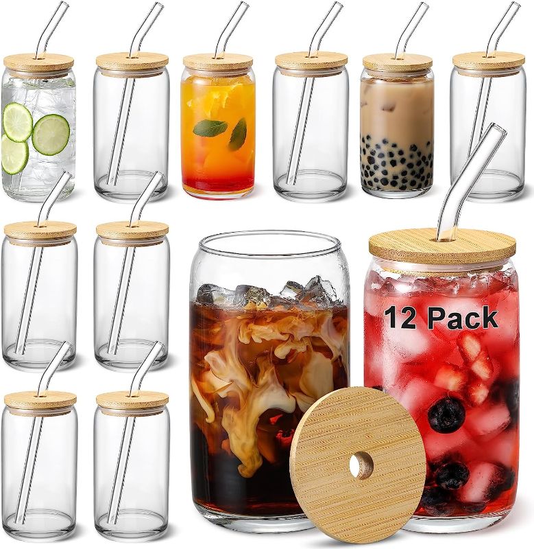 Photo 1 of [ 12pcs Set ] Glass Cups with Bamboo Lids and Glass Straw - Beer Can Shaped Drinking Glasses, 16 oz Iced Coffee Glasses, Cute Tumbler Cup for Smoothie, Boba Tea, Whiskey, Water **CUPS ONLY**
