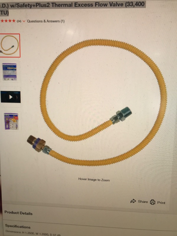 Photo 1 of 1/2 in. MIP x 1/2 in. MIP x 36 in. Gas Connector (3/8 in. O.D.) w/Safety+Plus2 Thermal Excess Flow Valve (33,400 BTU)
