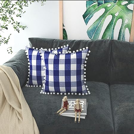 Photo 1 of 2 Pieces Gingham Pillow Cases Cotton Buffalo Check Plaid Decorative Throw Pillow Covers with Pom-poms Set of 2 Cushion Case Retro Farmhouse Pillowcase for Sofa Couch Car 24 x 24 inch Navy Blue White
