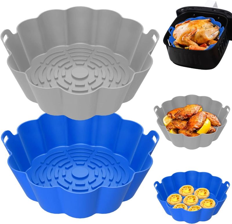 Photo 1 of 2 Pack Air Fryer Silicone Liners, Air Fryer Accessories for 3 to 5 QT, Replacement of Flammable Parchment Paper, Reusable Airfryer Liners Silicone, Baking Tray, Blue+Grey, (Top 8.5in, Bottom 6.6in)
