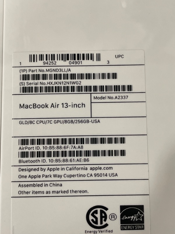 Photo 4 of Apple 2020 MacBook Air Laptop M1 Chip, 13" Retina Display, 8GB RAM, 256GB SSD Storage, Backlit Keyboard, FaceTime HD Camera, Touch ID. Works with iPhone/iPad; Gold 256GB Gold - FACTORY SEALED , OPENED FOR PICTURES 